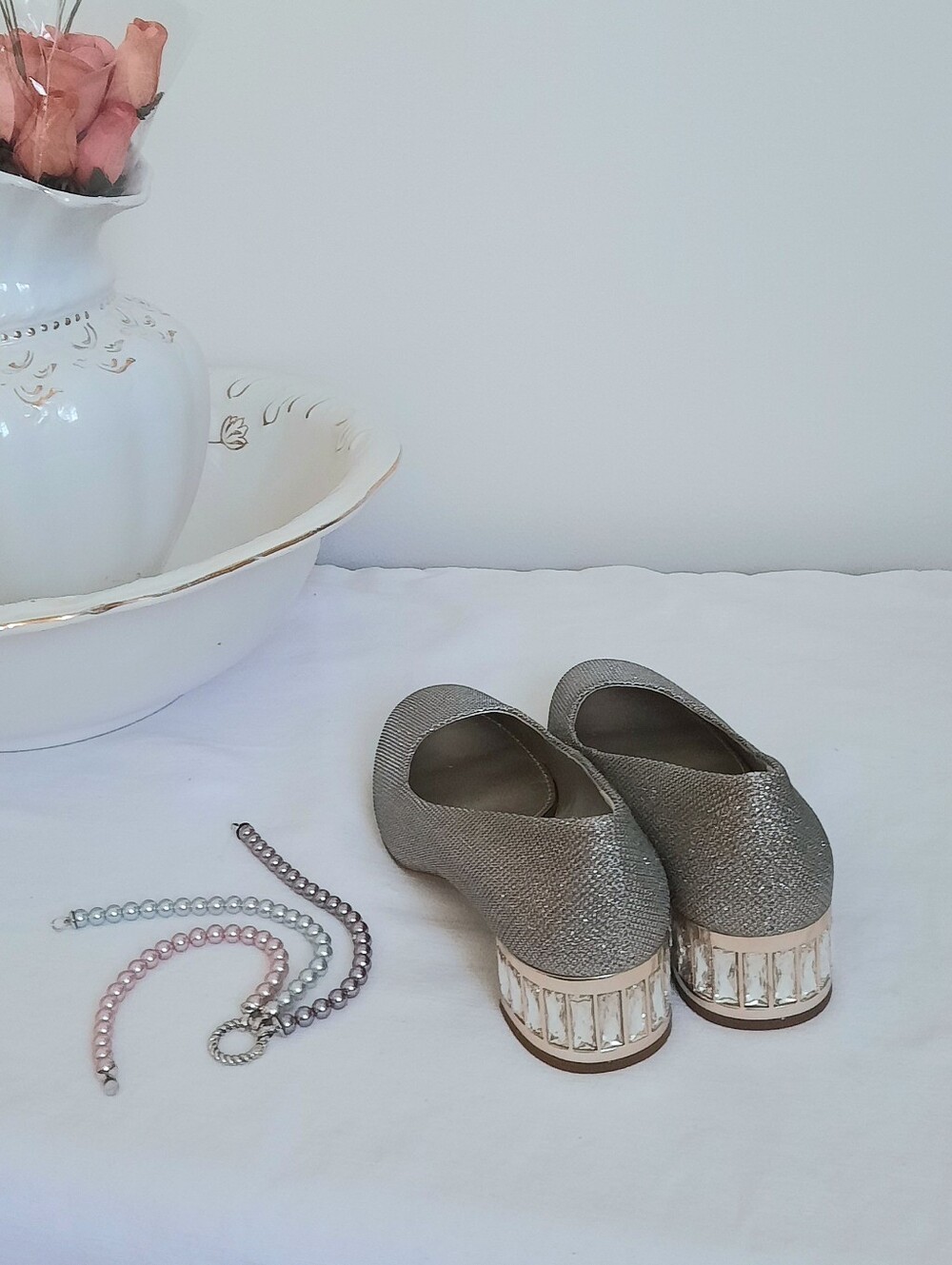 ANNE KLEIN Silver 'n Gold Sparkle Low Heels, Big Rhinestones, Almond Toe